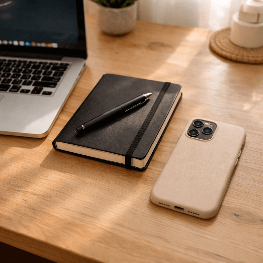 Customer desk setup with iPhone case