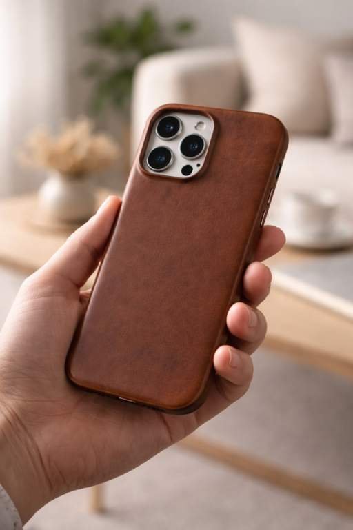 Customer photo in café holding iPhone with case